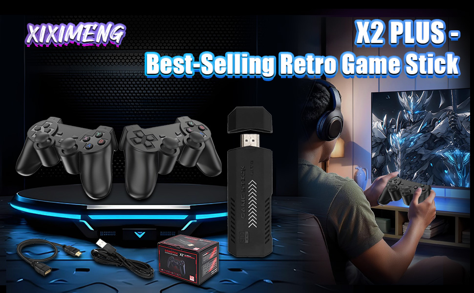 Text reads 'XINMENG X2 PLUS - Best-Selling Retro Game Stick'. Gaming promotional image showing wireless controllers and device against blue background.