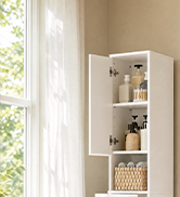 Tall white wooden storage cabinet with multiple shelves near window, displaying organized storage and natural lighting display piece.