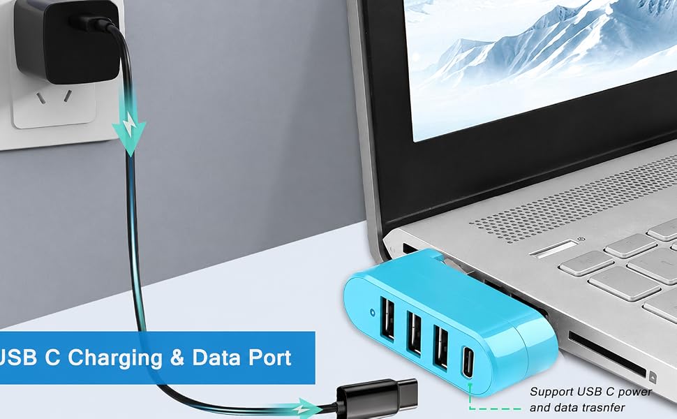 4-Port USB 3.0 Hub [90°/180° Degree Rotatable], USB Splitter USB Extender for Laptop, Car, Blue
