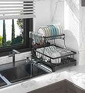 TeqHome Dish Drying Rack for Kitchen Counter, 2-Tier Large Dish Rack with Drainboard, Rustproof D...