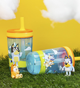 Bluey Kelso straw tumblers with Bluey and Bingo figures