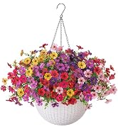 HyeFlora Artificial Faux Hanging Flowers Plants Basket for Outdoor Outside Decoration, Fake Silk ...
