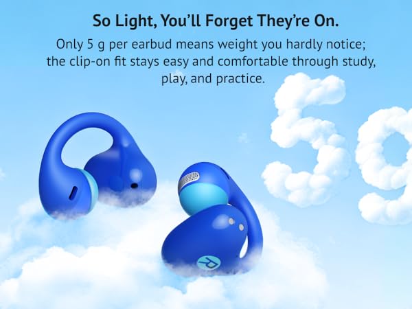 Ultra-lightweight 5g clip-on earbuds on scale for barely-there feel.