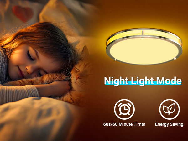 'Night Light Mode'. Image shows bedroom scene with ceiling light fixture glowing warmly