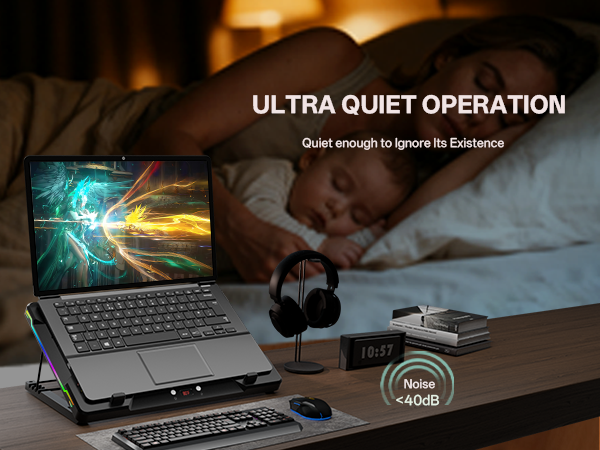 An icon demonstrates the cooling pad&amp;#39;s ultra-quiet fans, providing silent, efficient cooling