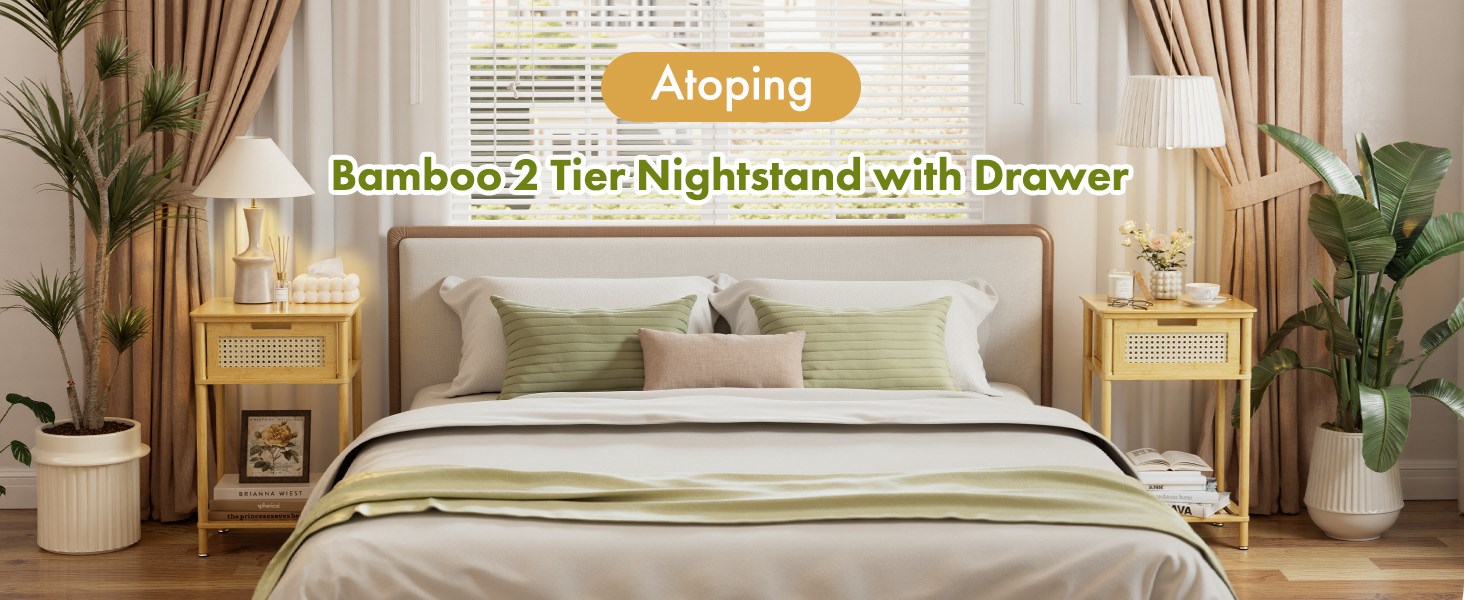 Bamboo Nightstand , Side Table with Drawer, End Table with Open Shelf, Bedside Table