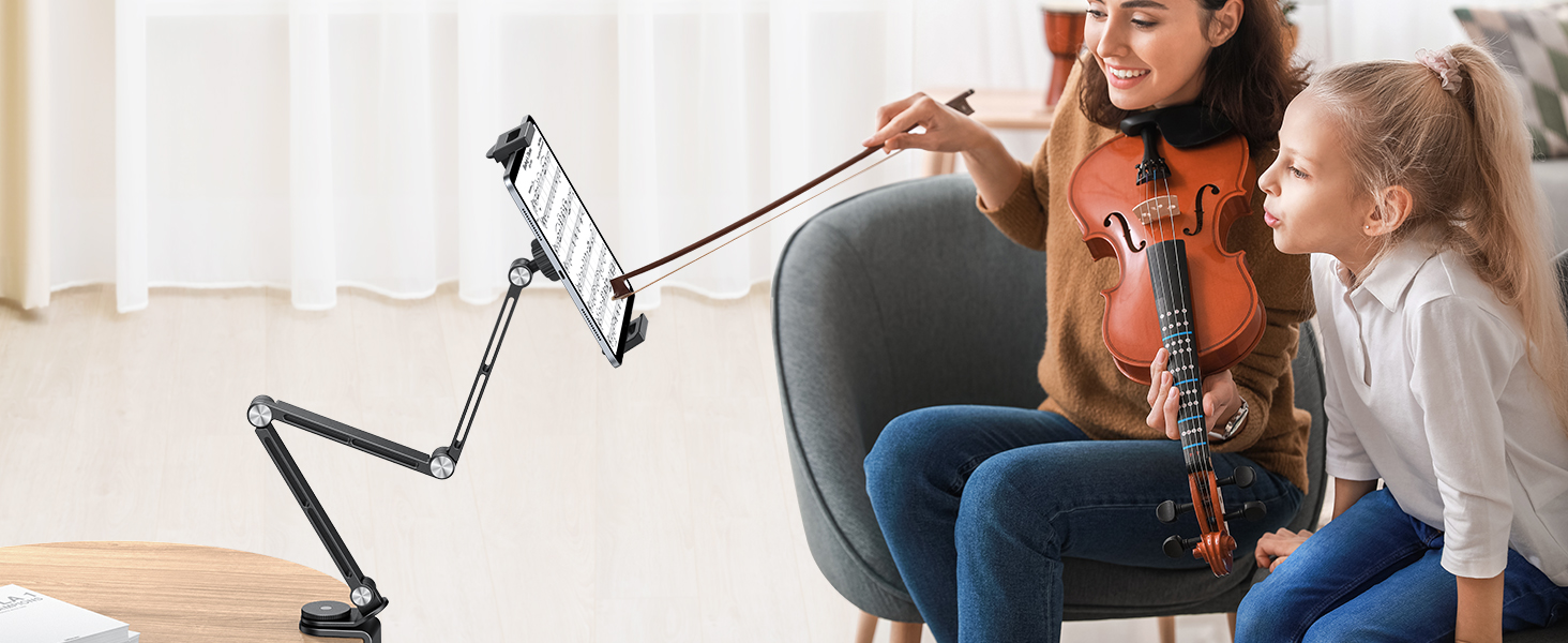 Multiple photos showing someone using a desk-mounted microphone arm, demonstrating flexibility and positioning options in a home office or recording setup.