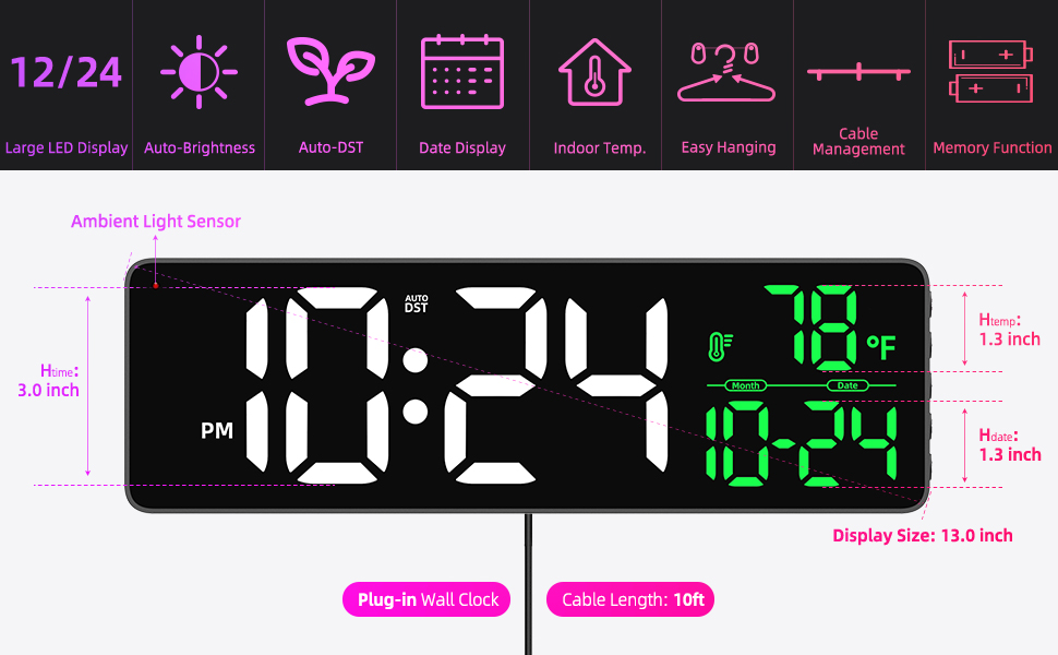 Digital Wall Clock with Large LED Display