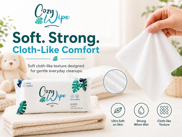 Cozy Wipe cloth-like baby wipe texture made with 100% plant-based fibers.