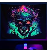 SparkLia Blacklight Fire Skull Tapestry, UV Reactive Burning Skeleton Horror Wall Hanging, Glow i...