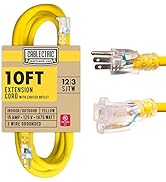 10 Ft Outdoor Extension Cord - 12/3 SJTW Heavy Duty Yellow 12 Gauge Lighted Electrical Cable with...
