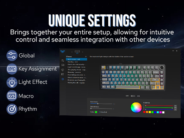 Gaming keyboard software interface showing customization options including Global, Key Assignment, Light Effect, Macro, and Rhythm settings with RGB color picker.