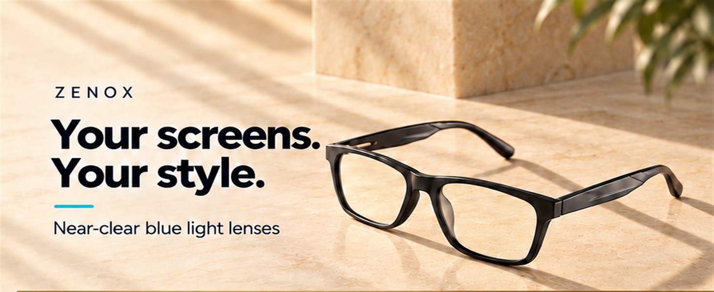 ZENOX ZR-970 black rectangular glasses on warm smooth marble.