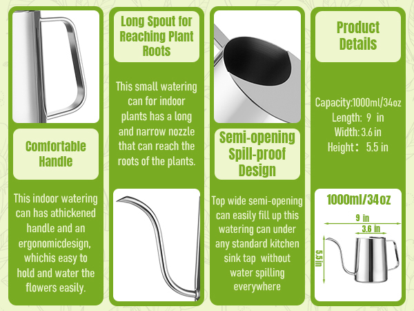 34oz/1000ml Watering Can Indoor Plants with Long Spout, Plant Watering Can for Ergonomic Handle