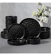E-far 16-Piece Black Plates and Bowls Sets with Pasta Bowls - Stoneware Dinnerware Set for 4, Mod...