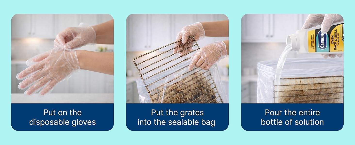 Carbona oven rack cleaner kit with bag soak method for easy removal of grease and baked-on residue