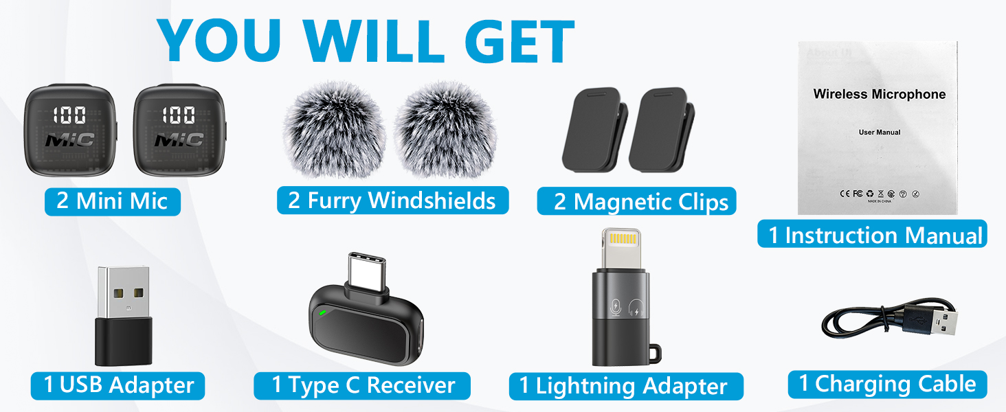 Text reads 'YOU WILL GET' with product items listed including 'Blue Amplifier', 'Blue Connector', 'Blue Charger', 'Instruction Manual'. Multiple product components and accessories displayed with icons and labels.