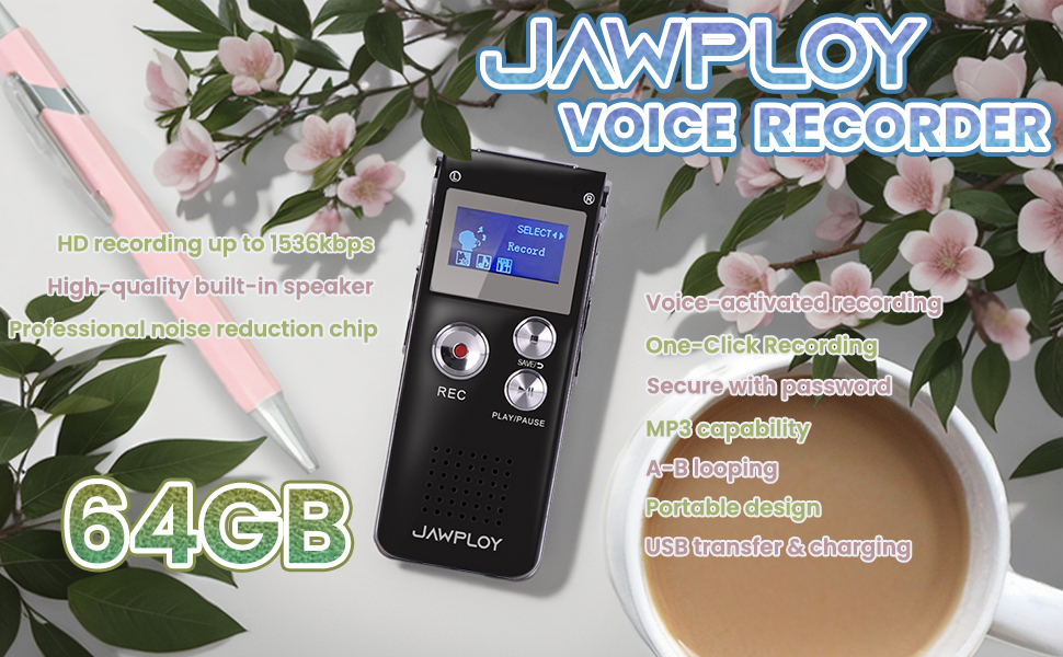 JAWPLOY 64GB Digital Voice Recorder with Playback