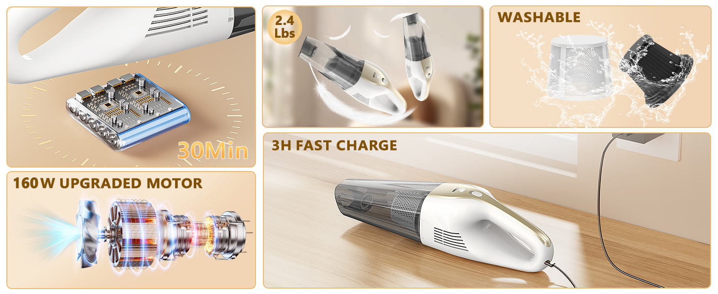 Lightweight handheld vacuum with powerful 160W motor, washable filter for home and car dust cleaning