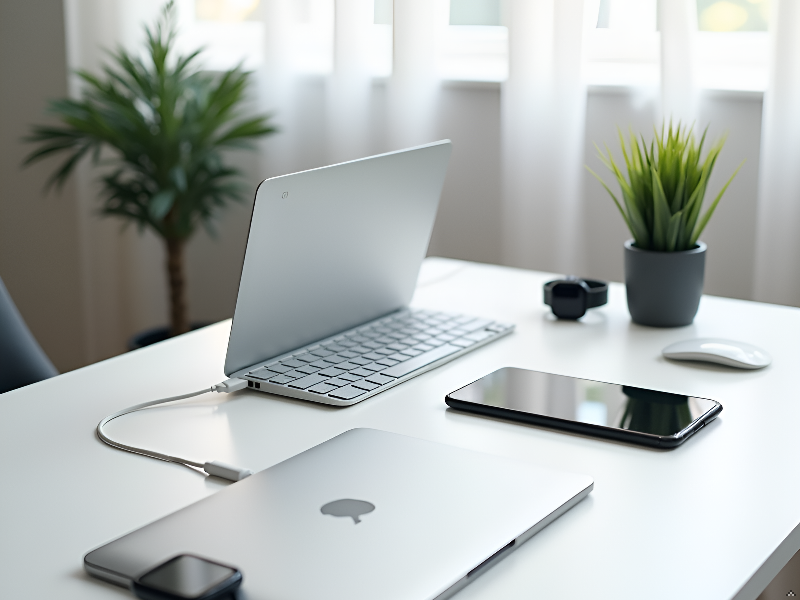 A clean modern desk surface with a laptop computer, wireless keyboard, and coffee mug in soft natura