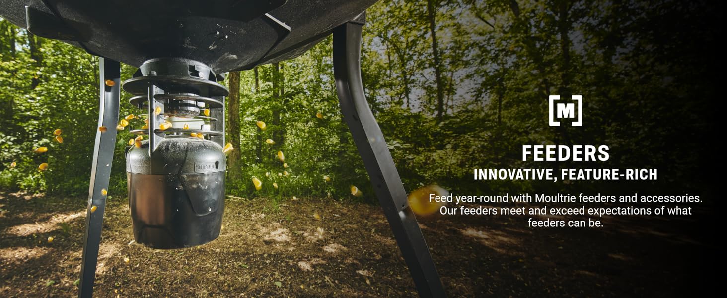 Moultrie feeder dispensing in the field, highlighting advanced features.