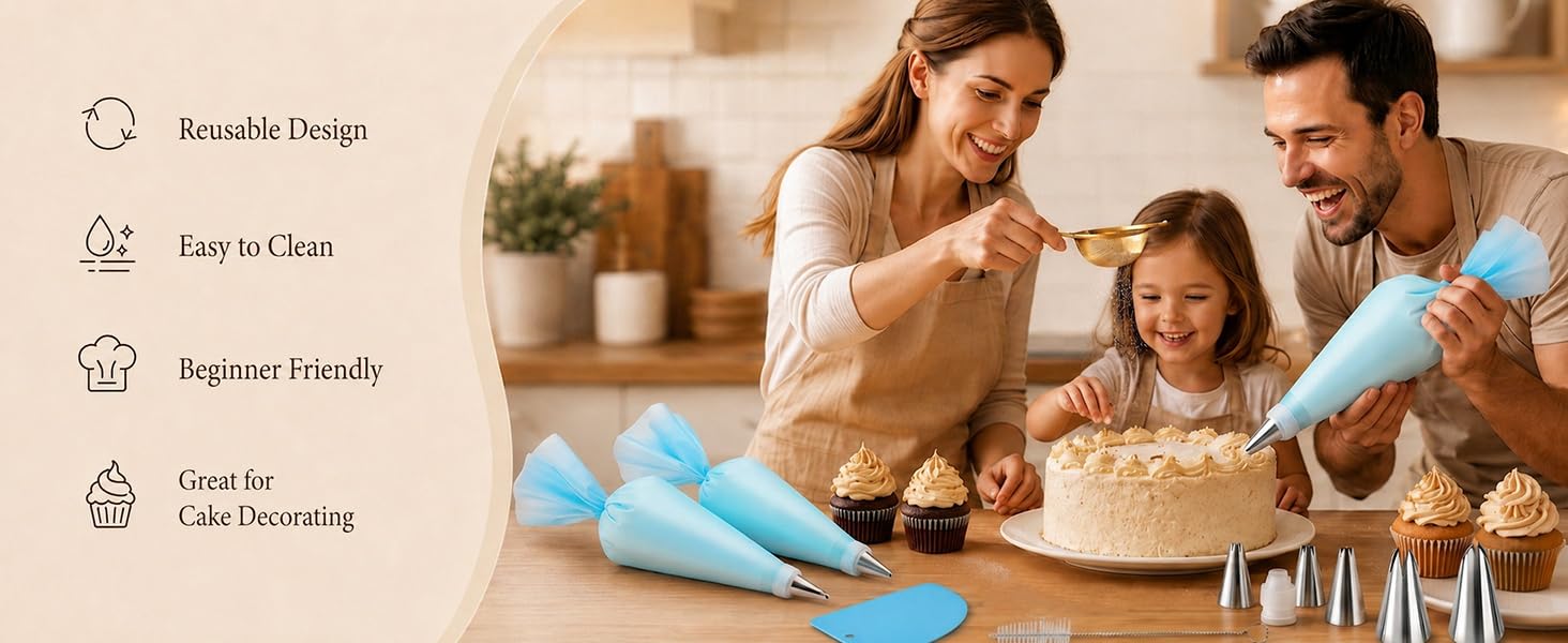 Byfryna cake decorating kit with piping bags, cupcakes and warm family baking scene