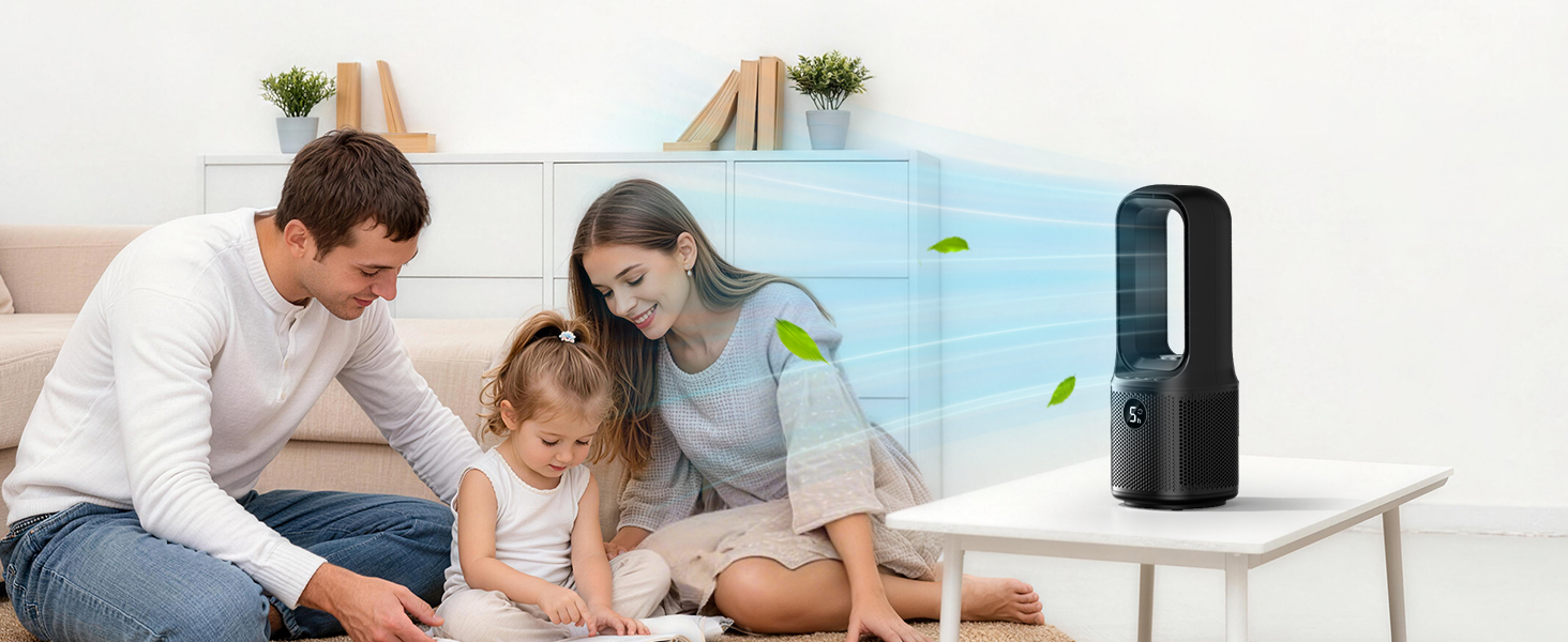 Cozy family together – bladeless fan on desk blows a gentle breeze for everyone&amp;#39;s comfort.