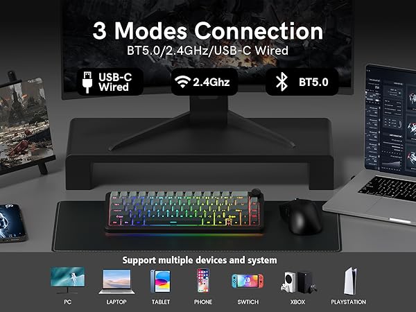 60 Mechanical Keyboard Wireless with Knob, Black Gaming Keyboard,USB-C/BT5/2.4G RGB Hot Swappable
