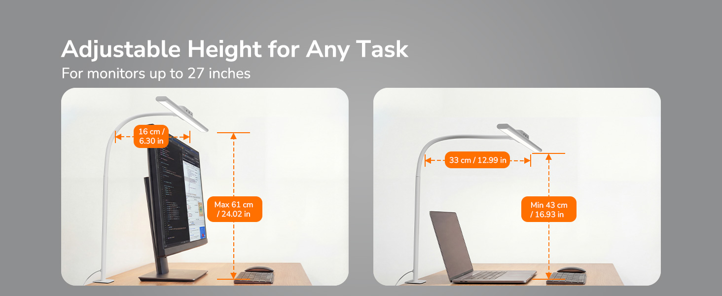 Text reads 'Adjustable Height for Any Task'. Technical diagram showing adjustable desk or monitor stand with height measurements and orange indicator markers.