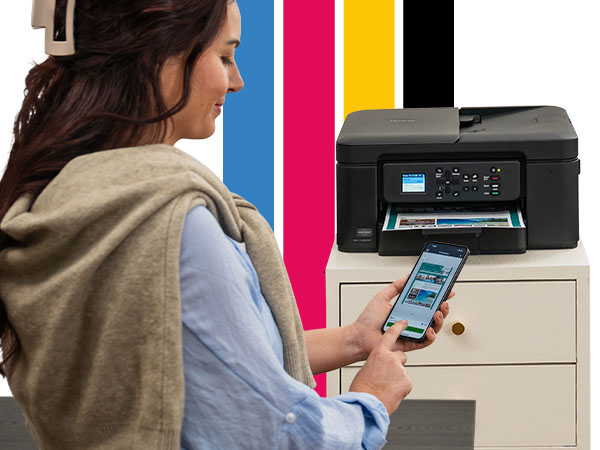 Person using Brother Mobile Connect app on iPhone to send document to Brother 1360 ink printer