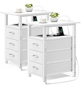 Vagusicc Set of 2 White End Table with Charging Station, Narrow Side Table, Narrow Nightstand wit...