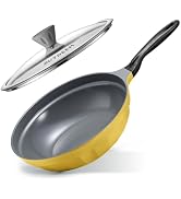 BUYDEEM PL73 12.6" Ceramic Nonstick Frying Wok with Glass Lid, 5.5mm Base | PFAS Free, 5.5mm Heav...