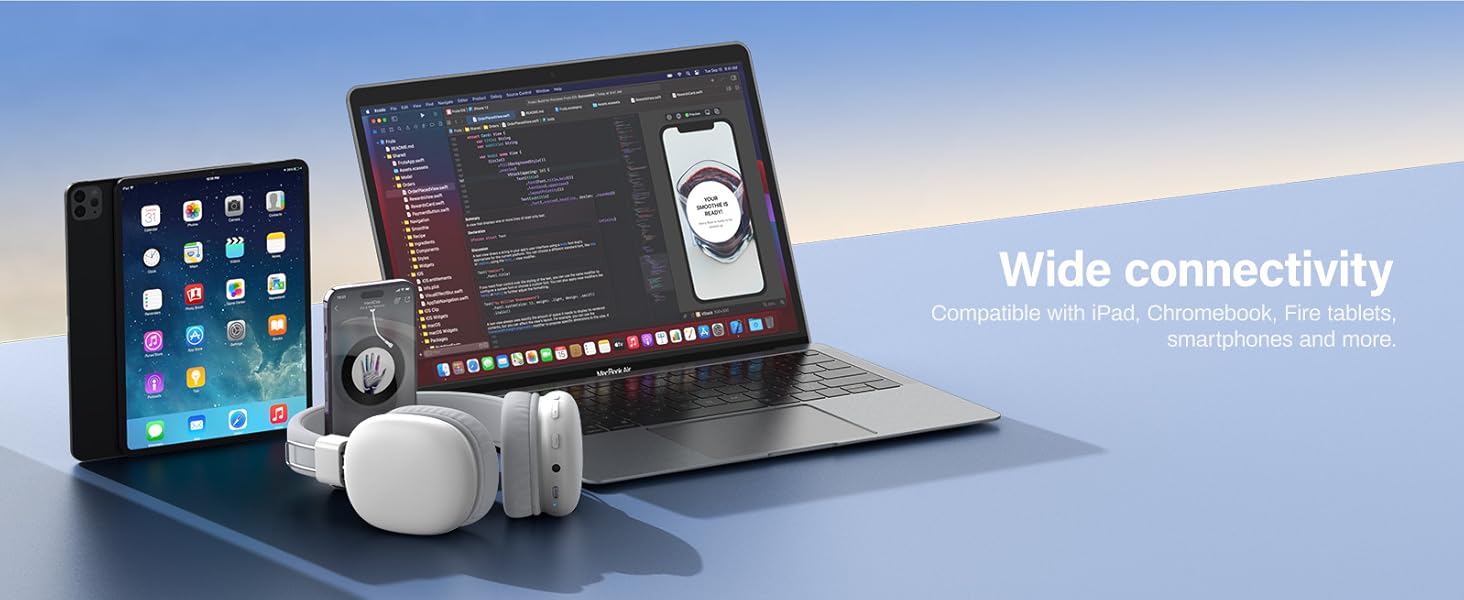 Desktop setup with tablet, laptop, wireless earbuds, and smartphone. Text overlay reads 'Wide connectivity', suggesting multi-device compatibility.
