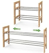 Marching Pin 2 Tier Expandable Shoe Rack, Adjustable Shoes Organizer Storage Shelf, Wooden and Me...