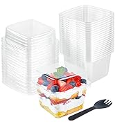 Qeirudu 50 Pack 8 oz Square Plastic Dessert Cups with Lids and Sporks, Disposable Cake Cups Yogur...