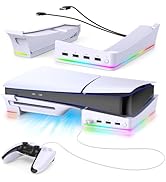 Auarte 2023 RGB Horizontal Stand for PS5 Slim Console Accessories with 14 Light Mode and 4 USB Hu...