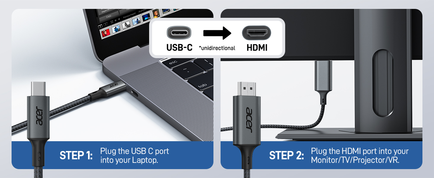 USB-C to HDMI adapter with multiple ports. Instruction steps shown for connecting to devices. Gray and black color scheme with blue accents.