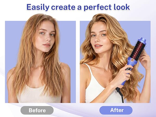 Text reads "Easily create a perfect look". Before-and-after comparison: left shows woman with straight hair, right shows woman with voluminous wavy hair holding heated styling brush.