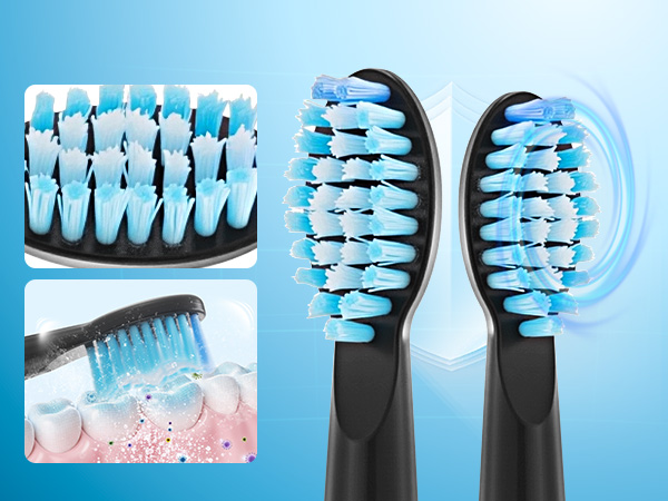 Multiple views of electric toothbrush heads and cleaning demonstration on dental models against blue background.