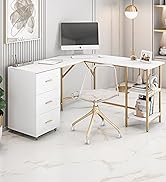 Techni Mobili L Shaped Desk - Two-Toned Computer Desk with Drawers &amp; Storage Shelves - Simple Mod...