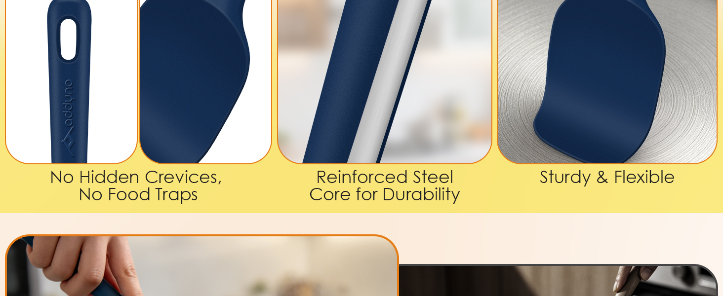Silicone kitchen utensils with seamless design, reinforced steel core, and sturdy yet flexible heads