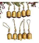 Mie Creations Set of 10 Rustic Vintage Cow Bells, Handmade Christmas Bells on Jute Rope, Decorati...