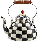 MACKENZIE-CHILDS Enamel Tea Kettle, Stylish Tea Kettle for Stovetop, Black-and-White Courtly Chec...