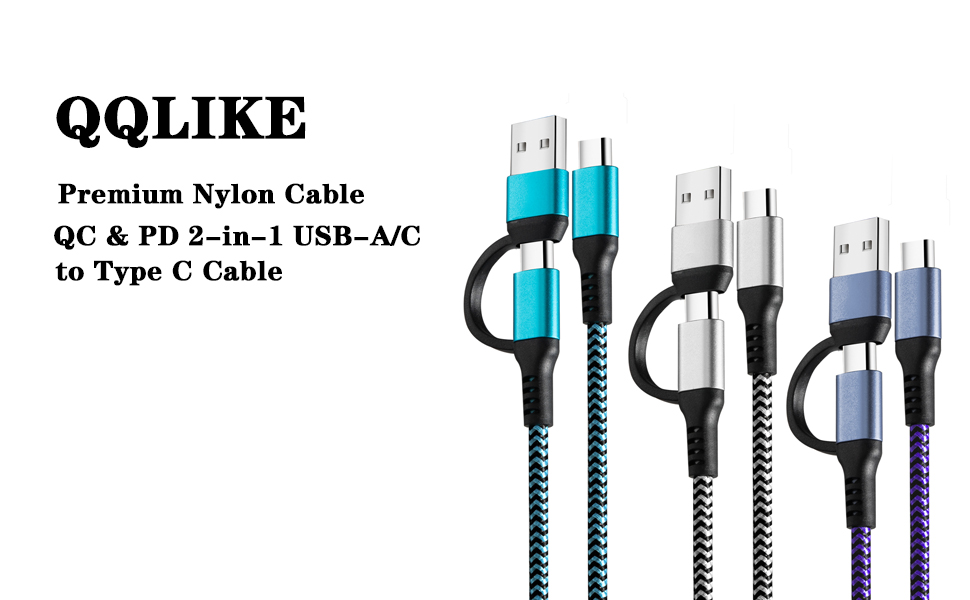 60W 3 Pack Fast Charging Cords 6ft QC &amp; PD 2-in-1 USB-A/C to Type C Charger Cord