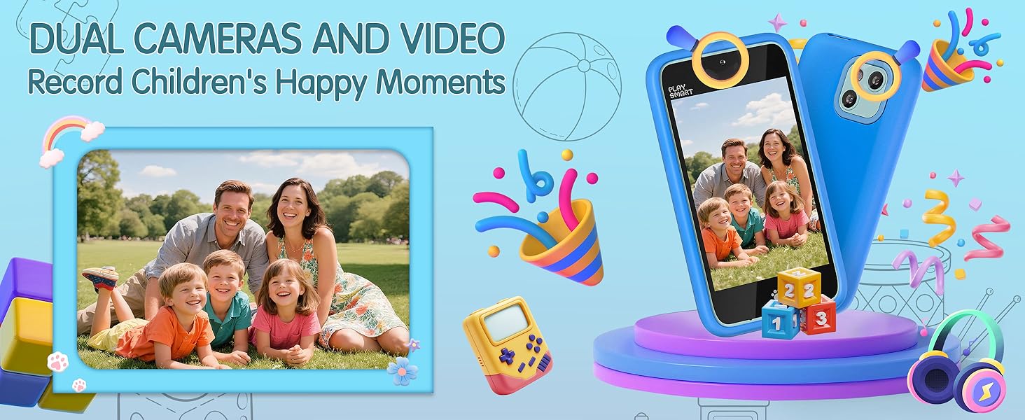 Dual cameras (front + rear) with fun stickers and cute photo frames