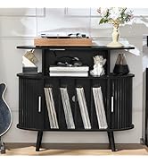 LELELINKY Large Round Record Player Stand with Charging Station &amp; Fluted Display Shelf, Black Mid...