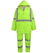 GGS Three-Piece Rain Suit - High Visibility, Waterproof Bibs and Jacket with Detachable Hood, Lig...