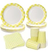 PCLMLES 96pcs Disposable Plaid Tableware Set Paper Plates Round for 24 Guest Party Table Supplies...