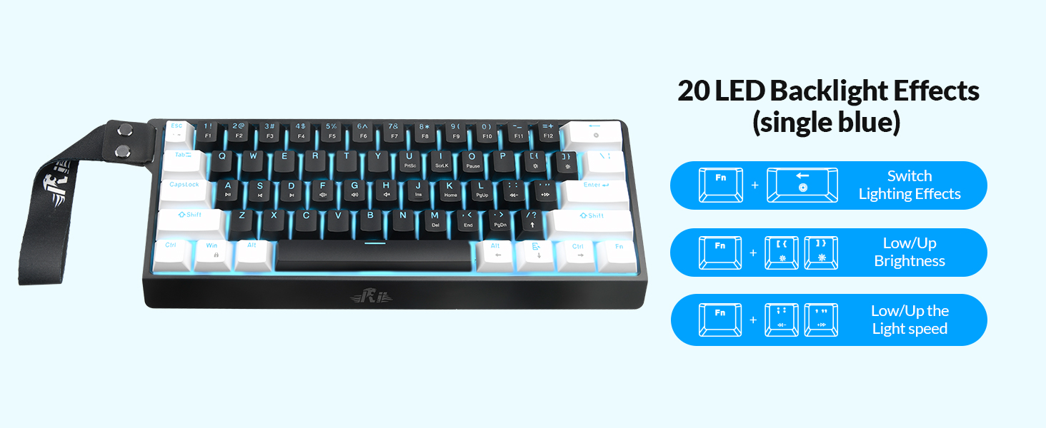 wired gaming keyboard features 20 single-blue backlight effects with 5 brightness and speed settings