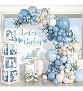 153pcs Dusty Blue Balloon Baby Shower Decorations for Boy | Blue White Sand Balloon Arch Kit Baby...